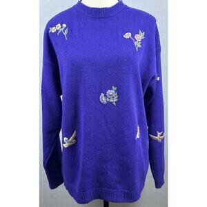 Vintage Together Lambswool Sz L Purple Embroidered LS Floral Birds Sweater